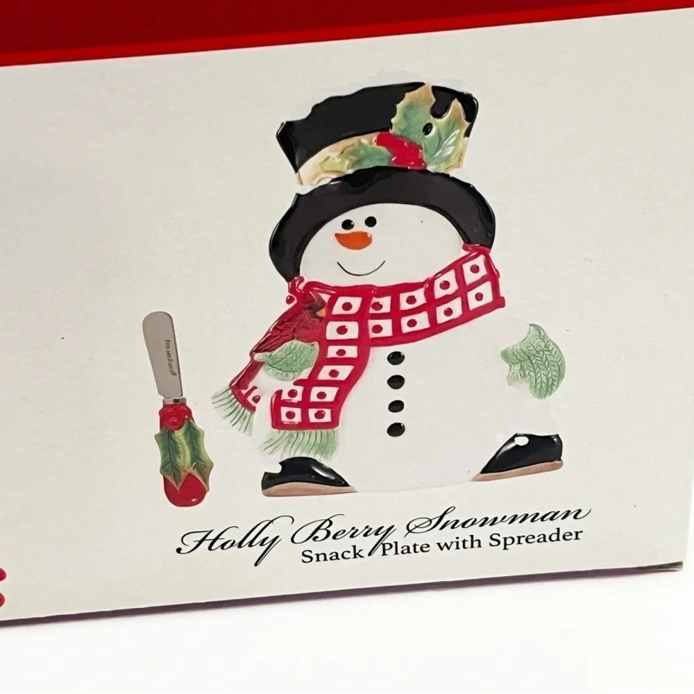 Fitz & Floyd Holly Berry Snowman Snack Plate with Box 7